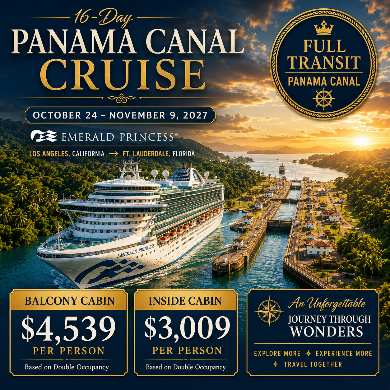 16-Day Panama Canal Cruise aboard Emerald Princess, October 24 through November 9, 2027